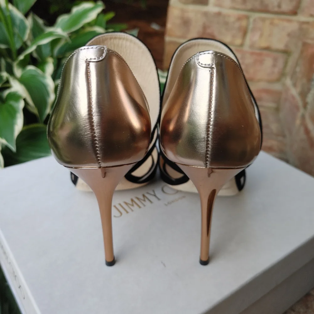 Jimmy Choo Tarine WITH BOX Suede Cutout Bootie Sandal, Black/Mirrored Nude 38.5 - Picture 12 of 16